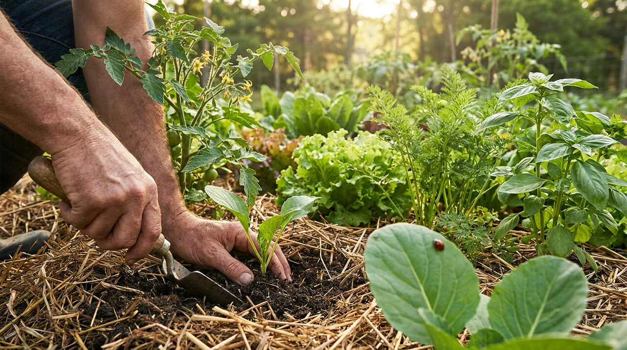 Gros plan sur les mains d'un jardinier plantant un jeune légume dans un potager paillé avec une coccinelle sur une feuille.