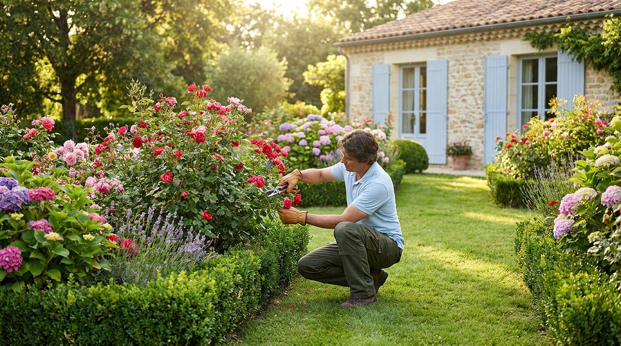 Un jardinier professionnel taille des roses dans un beau jardin fleuri devant une maison en pierre.